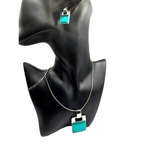 Turquoise Teal Color Glass necklace and pierced earrings set modernist design